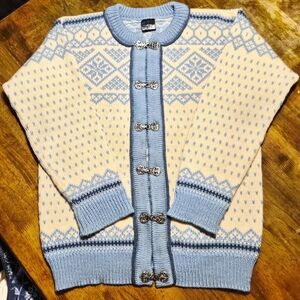 Dale Of Norway Fair Isle 100% New Wool Cardigan Sweater Wms Lrg, Baby Blue/Cream